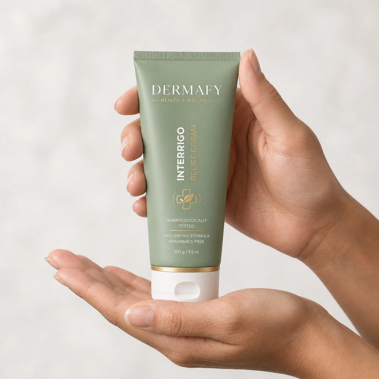 Hands holding the Dermafy Interrigo Relief Cream tube